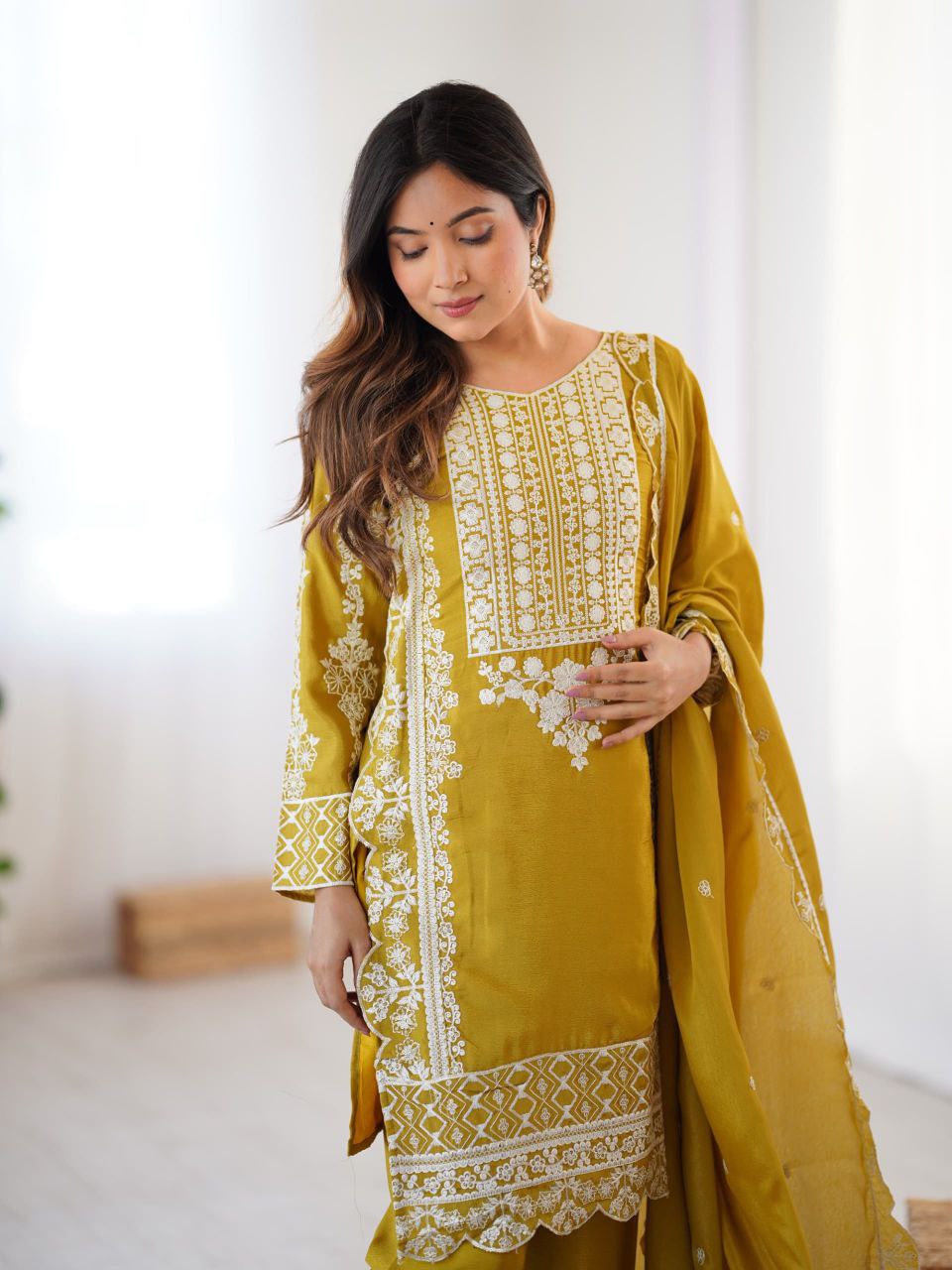 Mustard Yellow Embroidered Salwar Suit with Dupatta For Festive Ethnic Wear