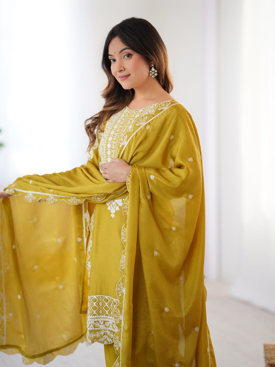 Mustard Yellow Embroidered Salwar Suit with Dupatta For Festive Ethnic Wear