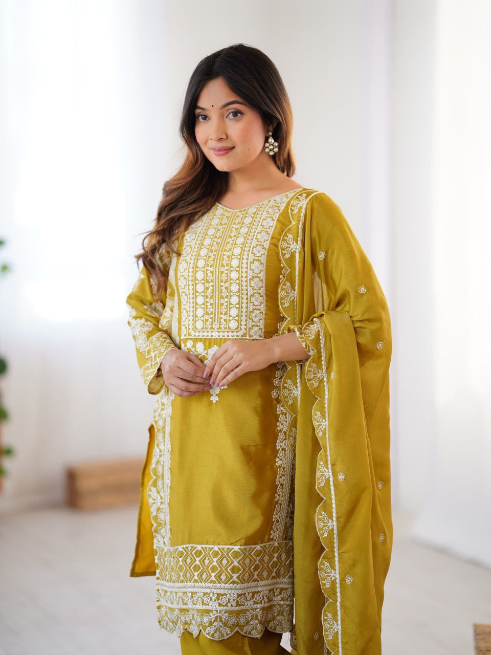 Mustard Yellow Embroidered Salwar Suit with Dupatta For Festive Ethnic Wear