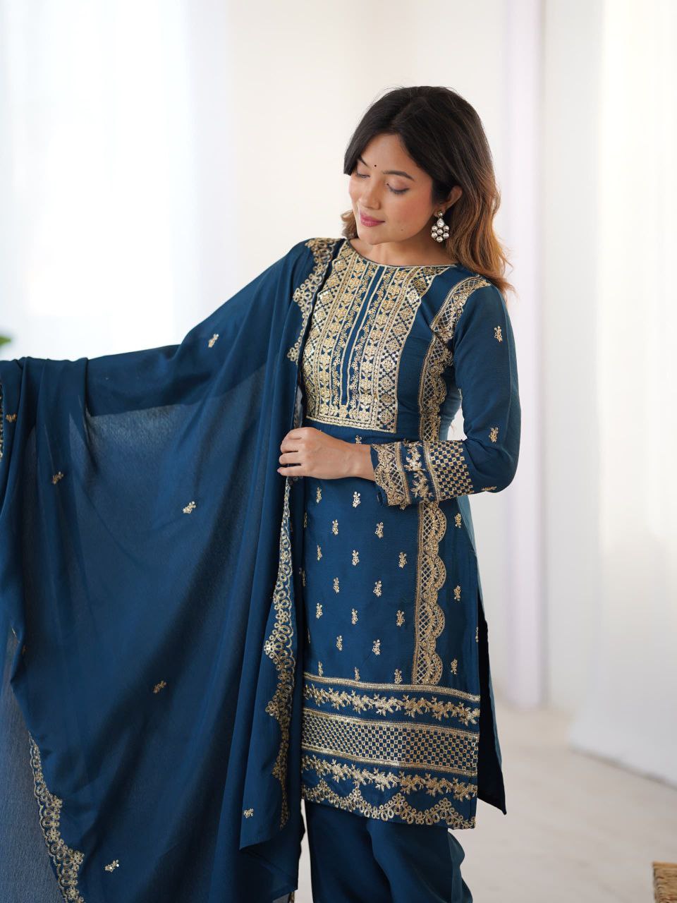 Teal Blue Embroidered Salwar Suit with Dupatta Festive & Party Wear