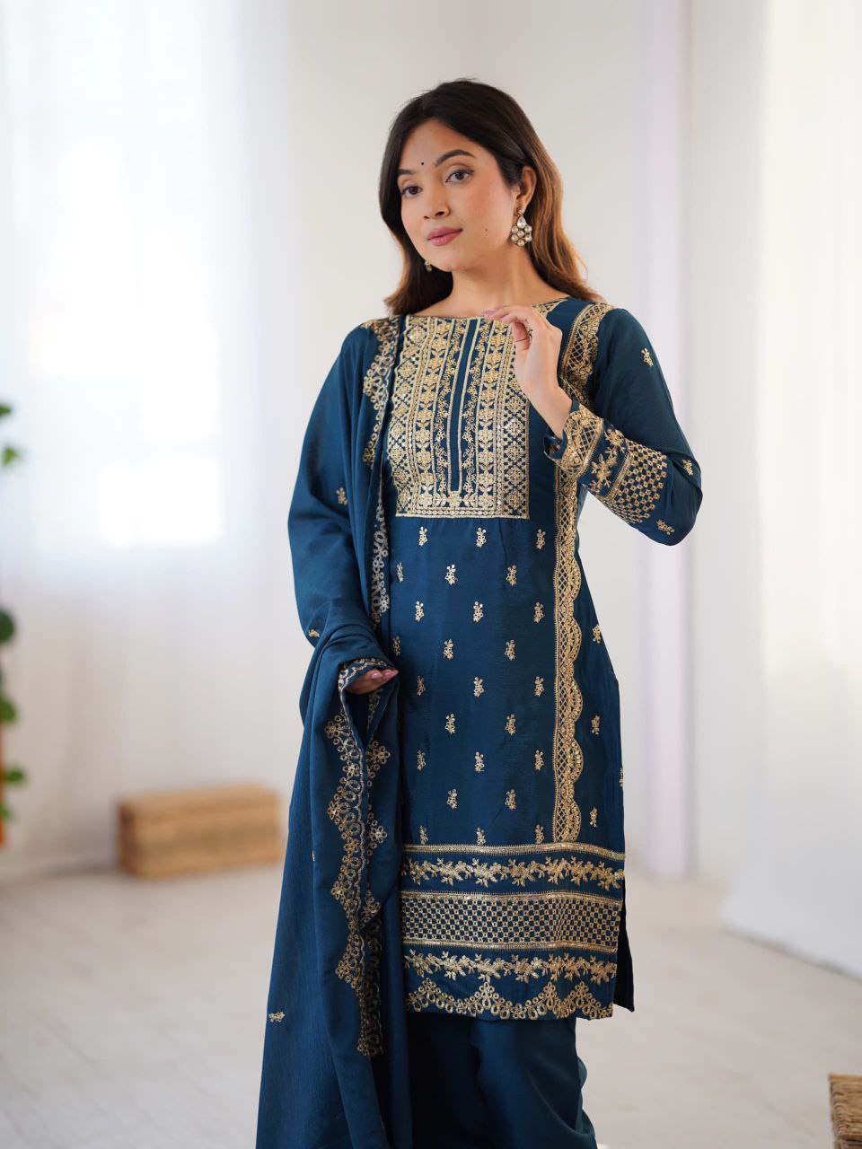Teal Blue Embroidered Salwar Suit with Dupatta Festive & Party Wear