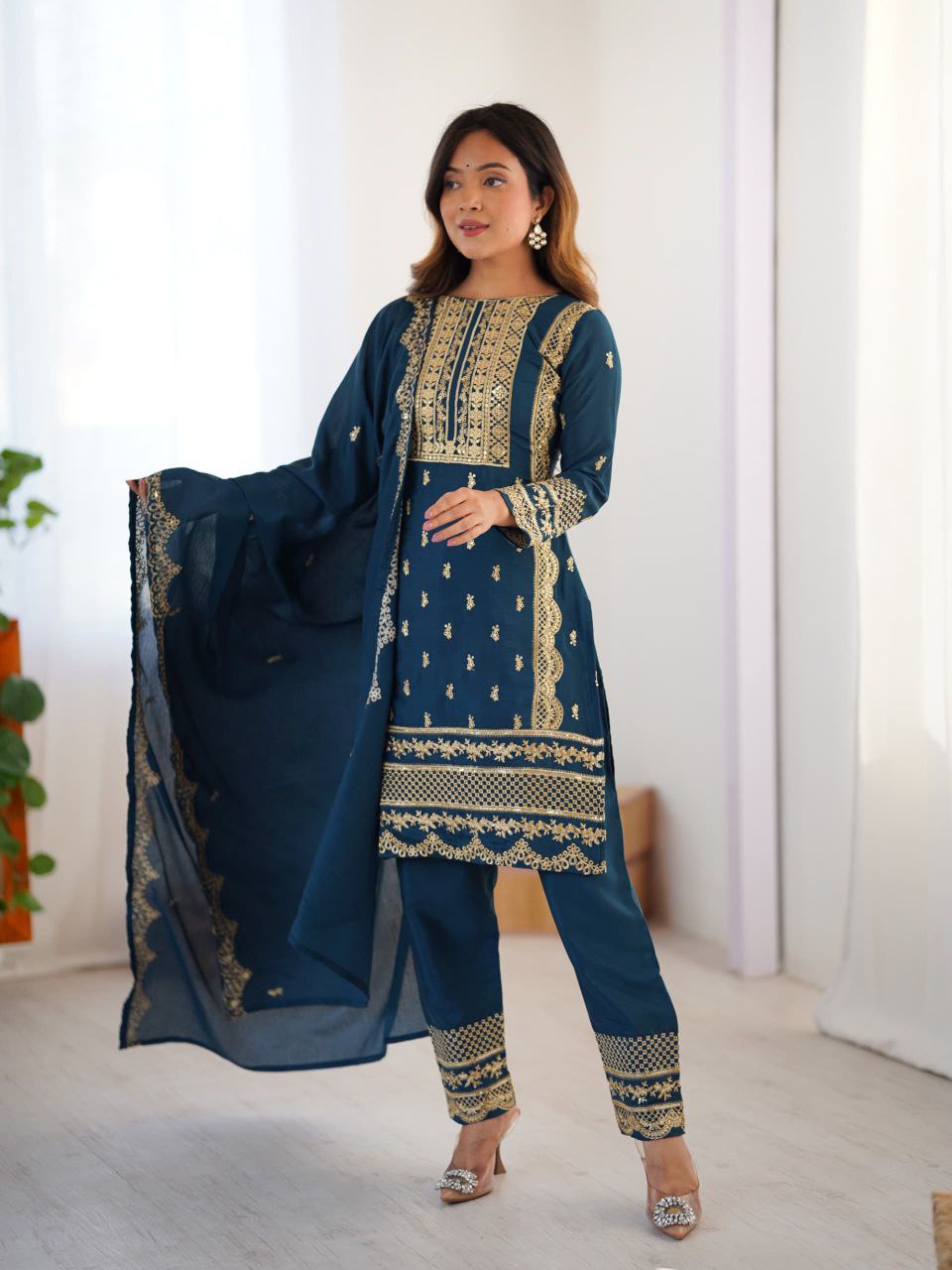 Teal Blue Embroidered Salwar Suit with Dupatta Festive & Party Wear