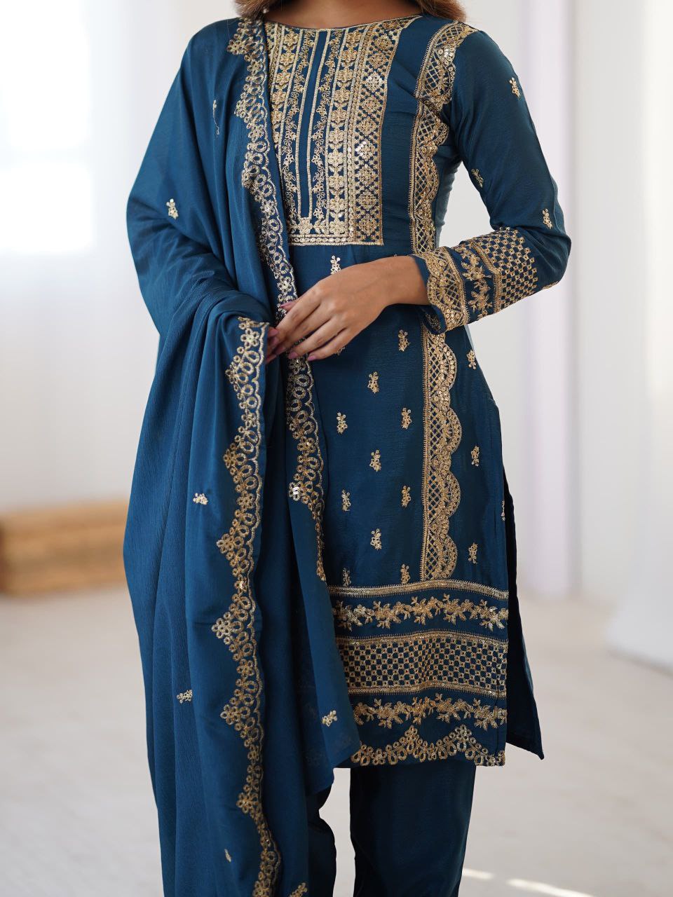 Teal Blue Embroidered Salwar Suit with Dupatta Festive & Party Wear