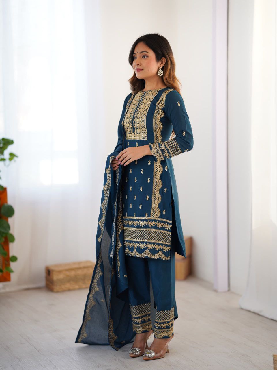 Teal Blue Embroidered Salwar Suit with Dupatta Festive & Party Wear