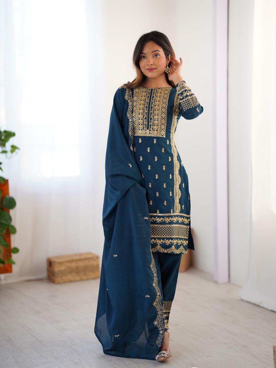Teal Blue Embroidered Salwar Suit with Dupatta Festive & Party Wear