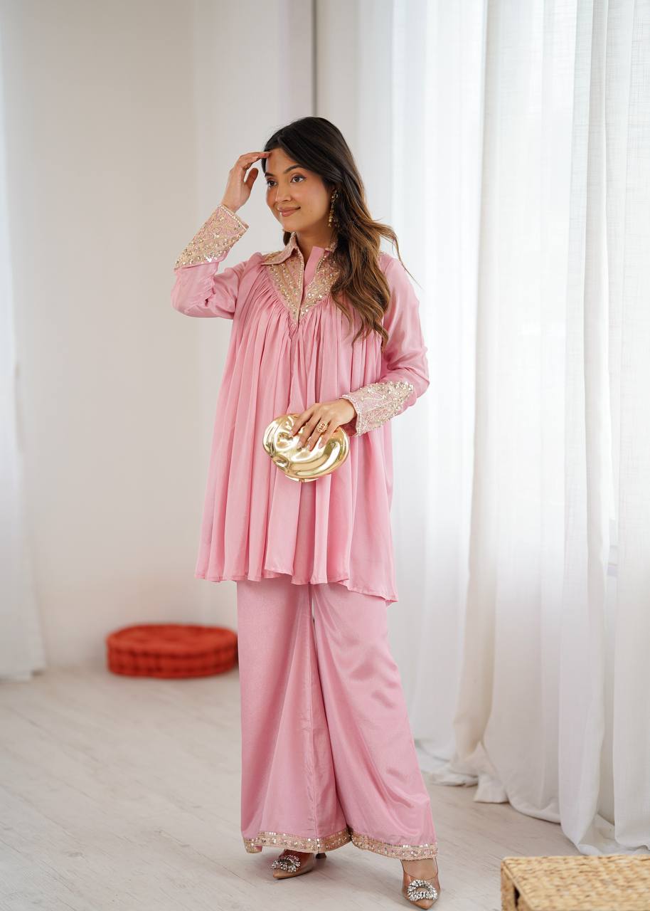 Elegant Coral Embroidered Kurta Set with Palazzo Pants