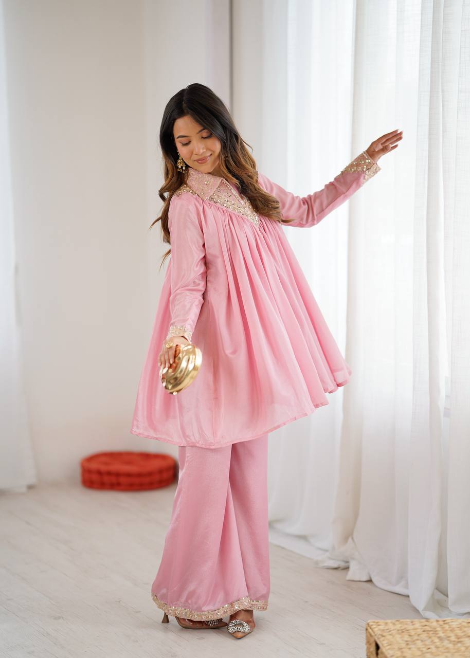 Elegant Coral Embroidered Kurta Set with Palazzo Pants