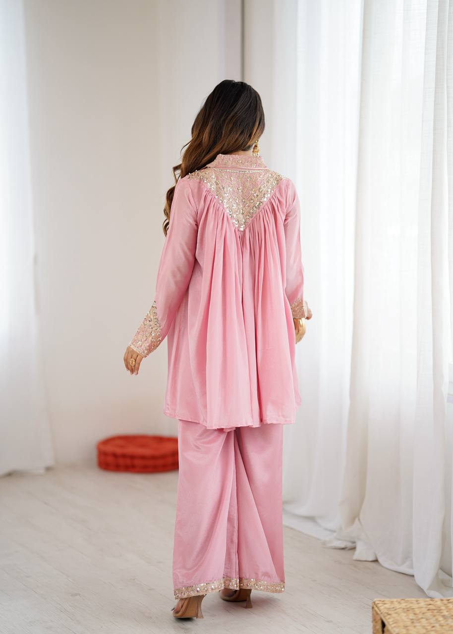 Elegant Coral Embroidered Kurta Set with Palazzo Pants