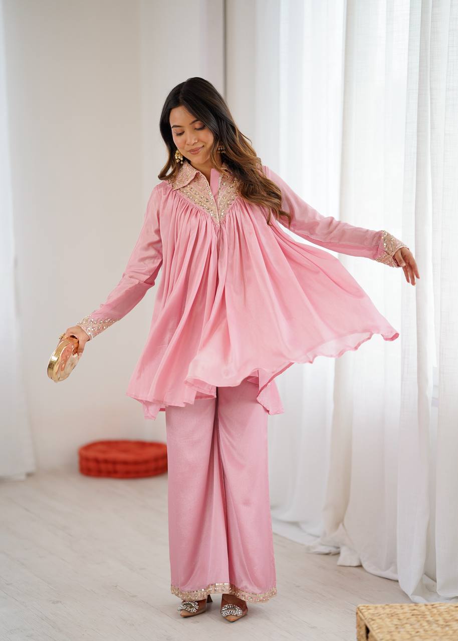 Elegant Coral Embroidered Kurta Set with Palazzo Pants