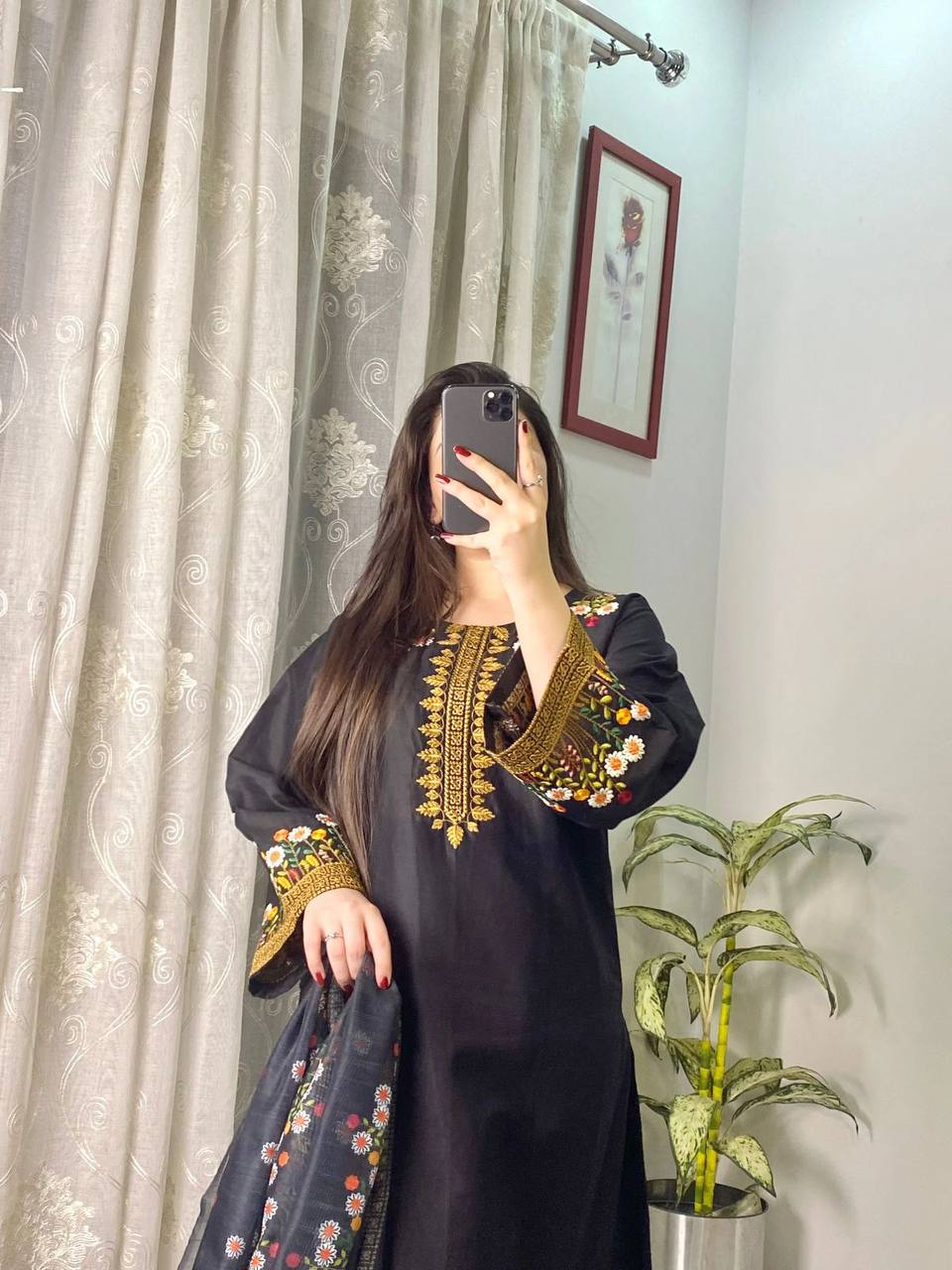 Black Floral Embroidered Roman Kurta Set For Women