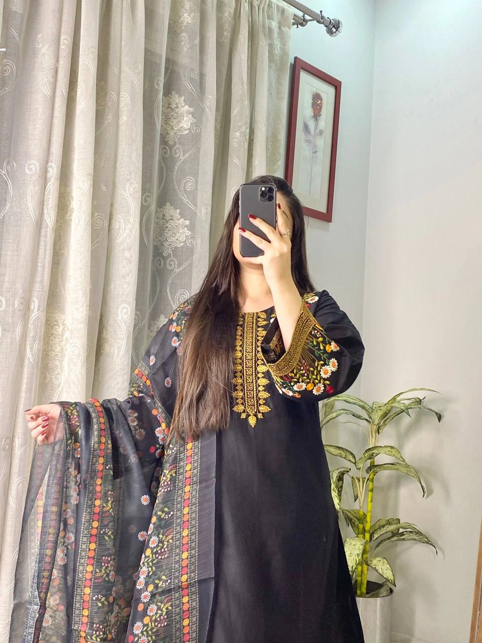 Black Floral Embroidered Roman Kurta Set For Women
