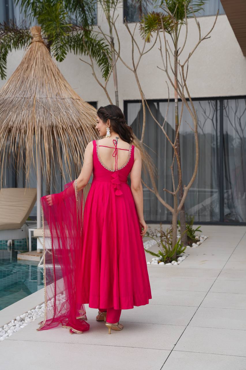 Designer Pink Chanderi Silk Lace Work Anarkali Suit For Women