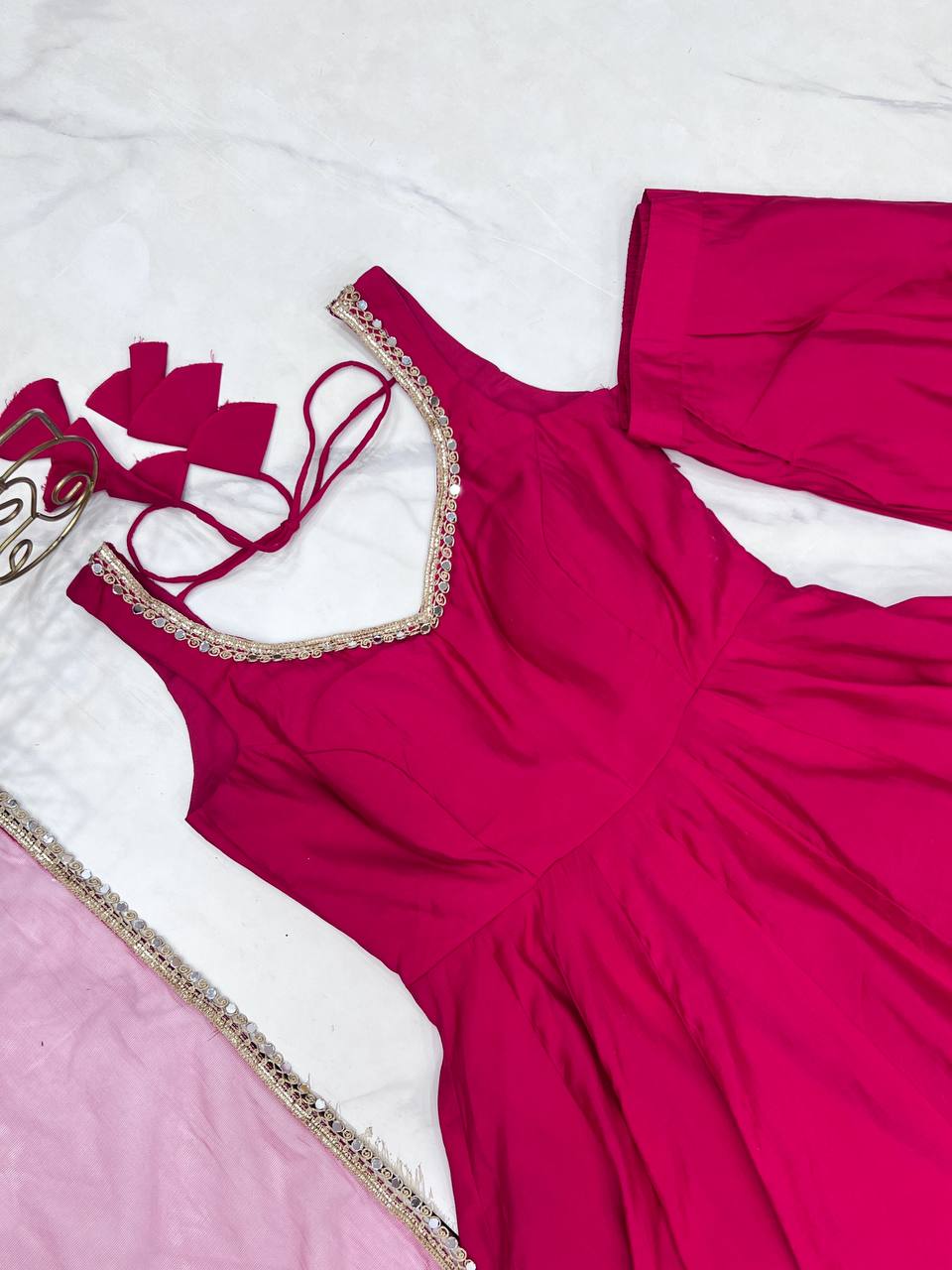 Designer Pink Chanderi Silk Lace Work Anarkali Suit For Women