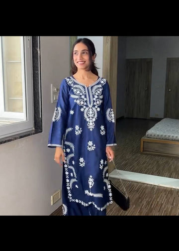 Navy Blue Embroidered Ryon Kurta Set For Women