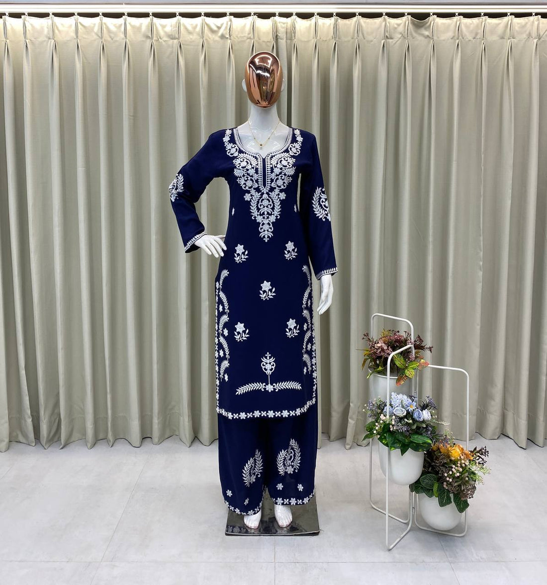 Navy Blue Embroidered Ryon Kurta Set For Women