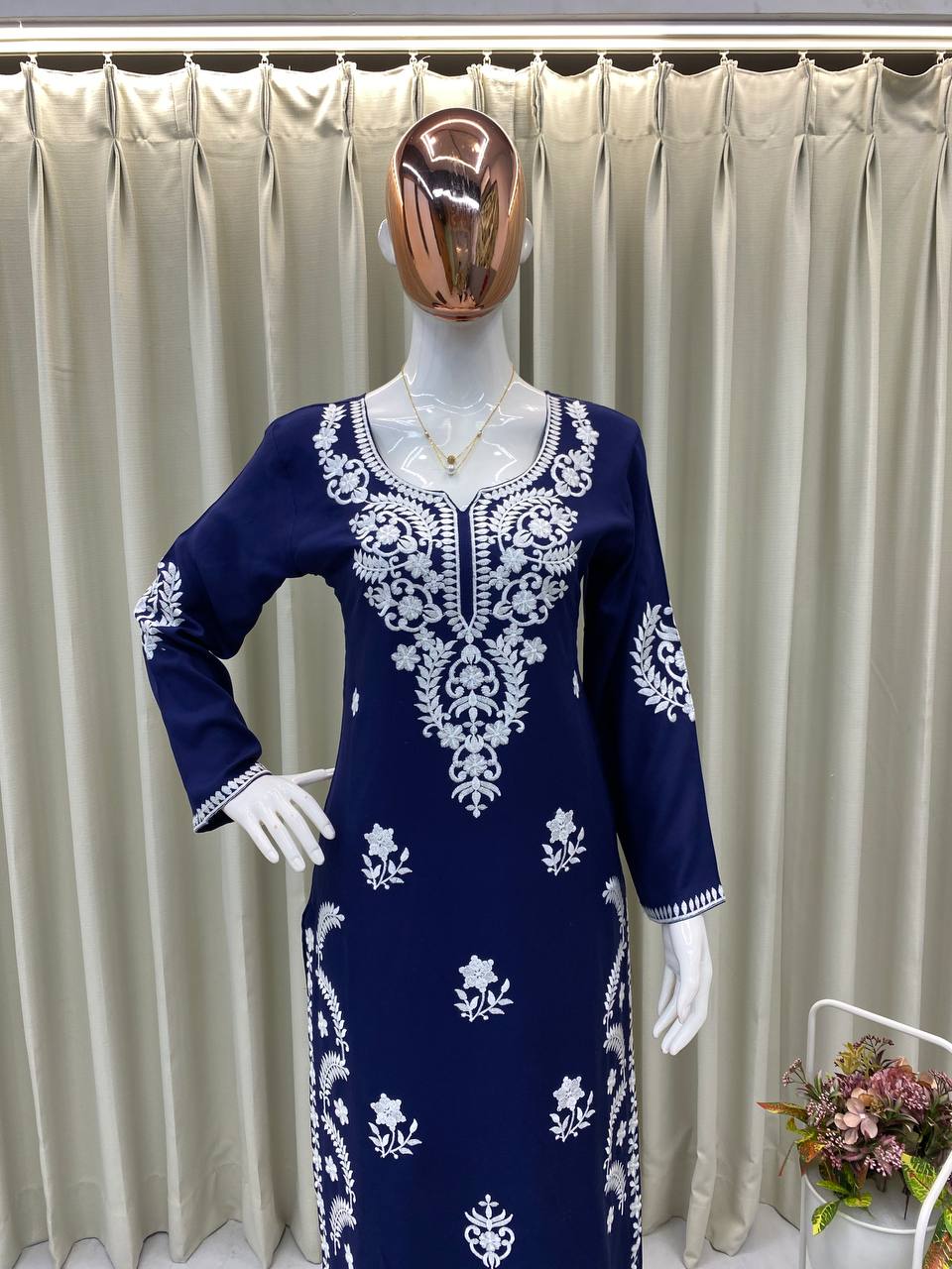 Navy Blue Embroidered Ryon Kurta Set For Women