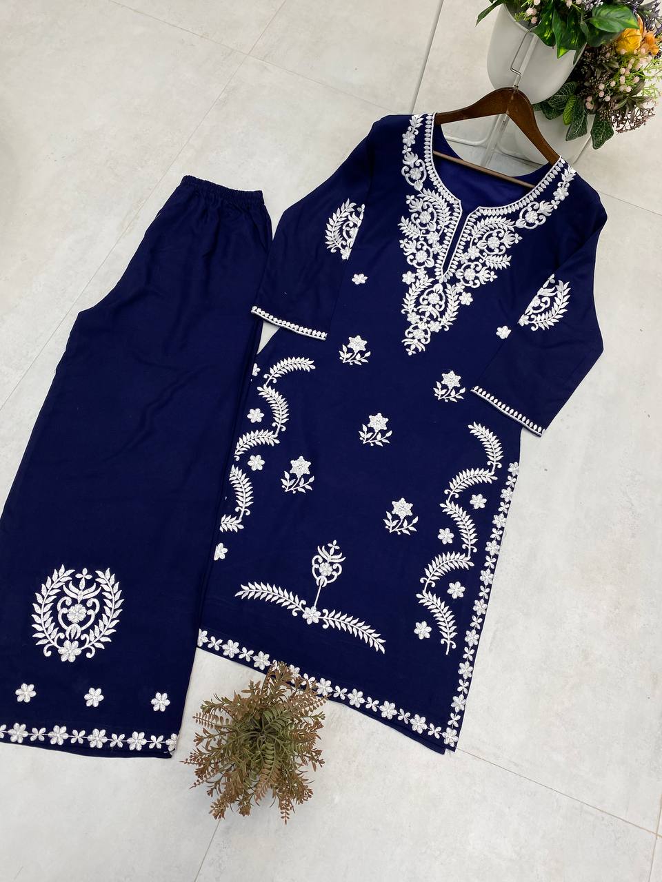 Navy Blue Embroidered Ryon Kurta Set For Women