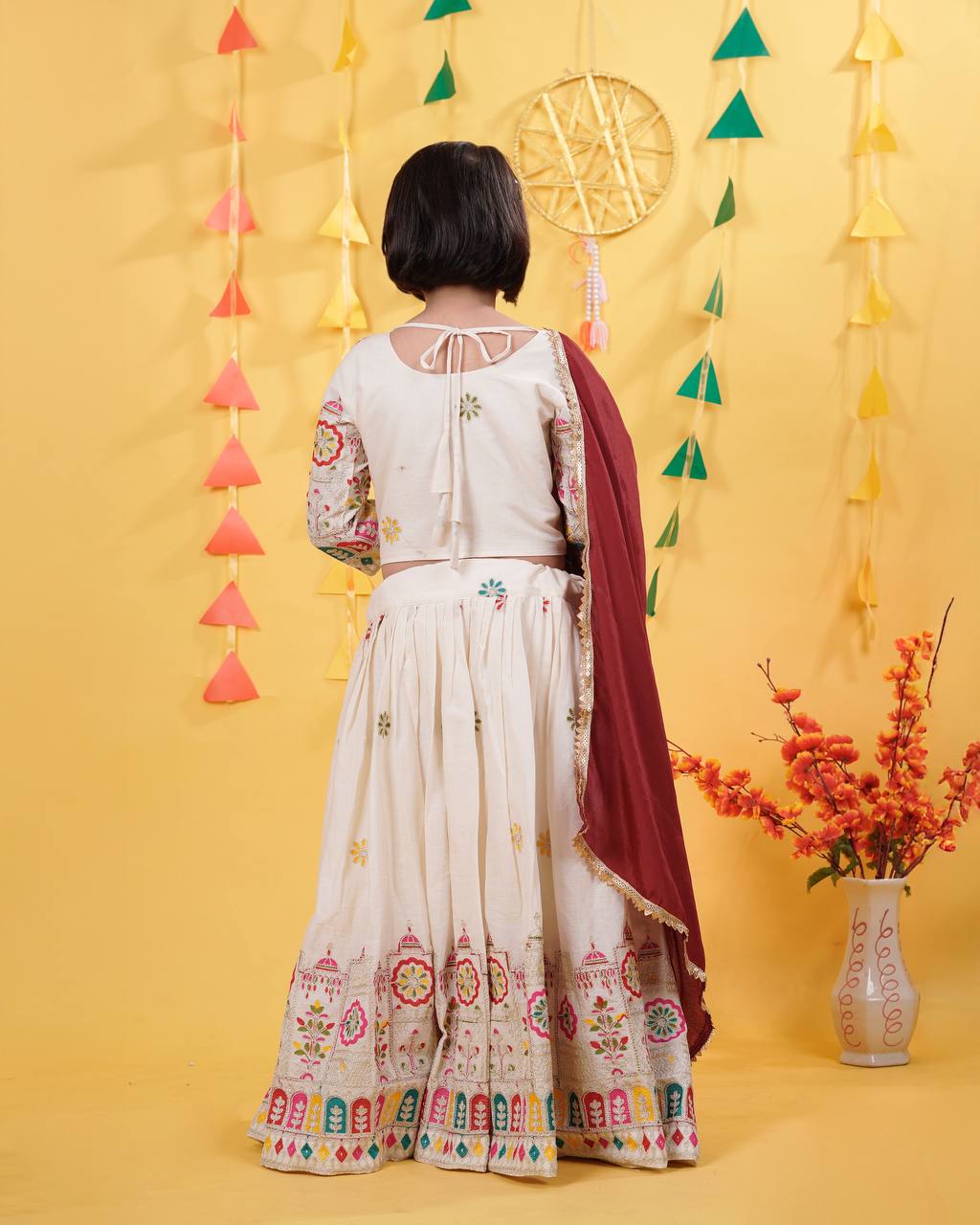 Traditional Cream Lehenga Set for Girls with Temple Embroidery