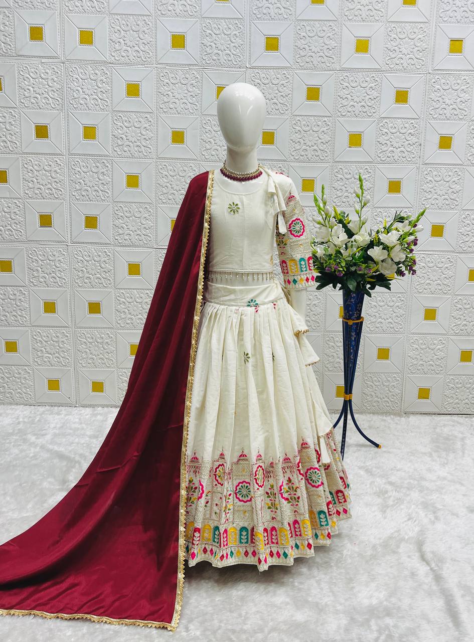 Traditional Cream Lehenga Set for Girls with Temple Embroidery