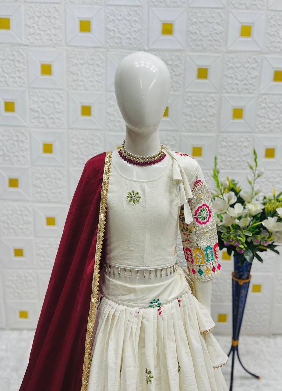 Traditional Cream Lehenga Set for Girls with Temple Embroidery