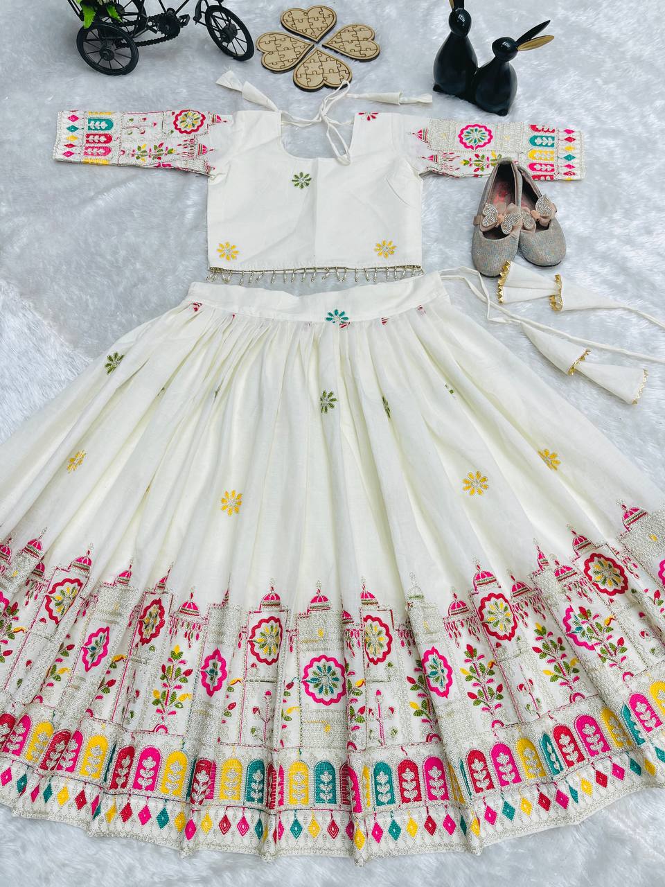 Traditional Cream Lehenga Set for Girls with Temple Embroidery