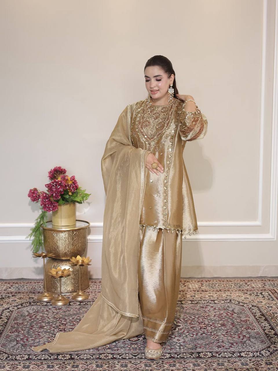 Elegant Champagne Gold Embroidered Kurta Pant Set with Dupatta