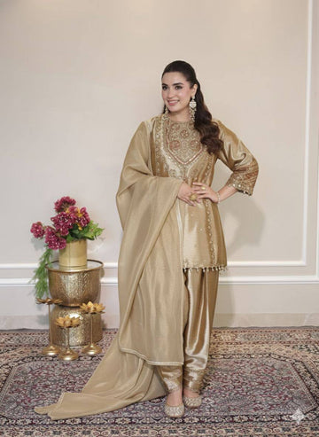 Elegant Champagne Gold Embroidered Kurta Pant Set with Dupatta
