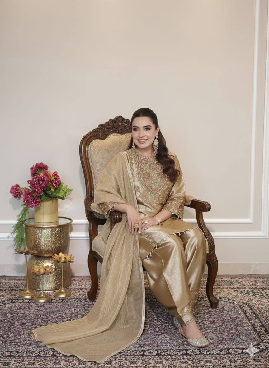 Elegant Champagne Gold Embroidered Kurta Pant Set with Dupatta