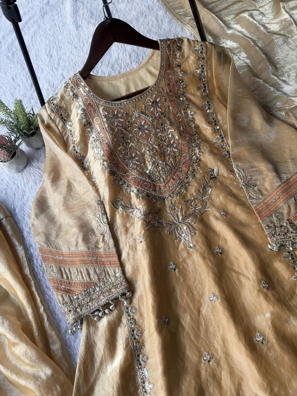 Elegant Champagne Gold Embroidered Kurta Pant Set with Dupatta