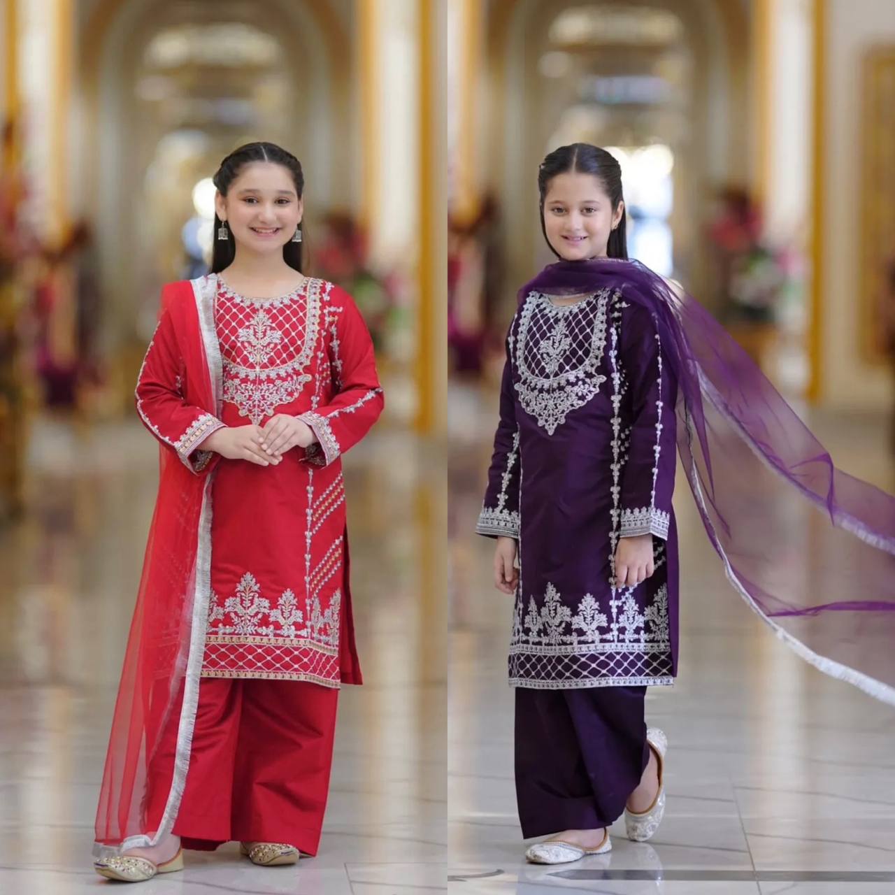 Festive Red Kurti Palazzo Suit for Girls with Intricate Embroidery