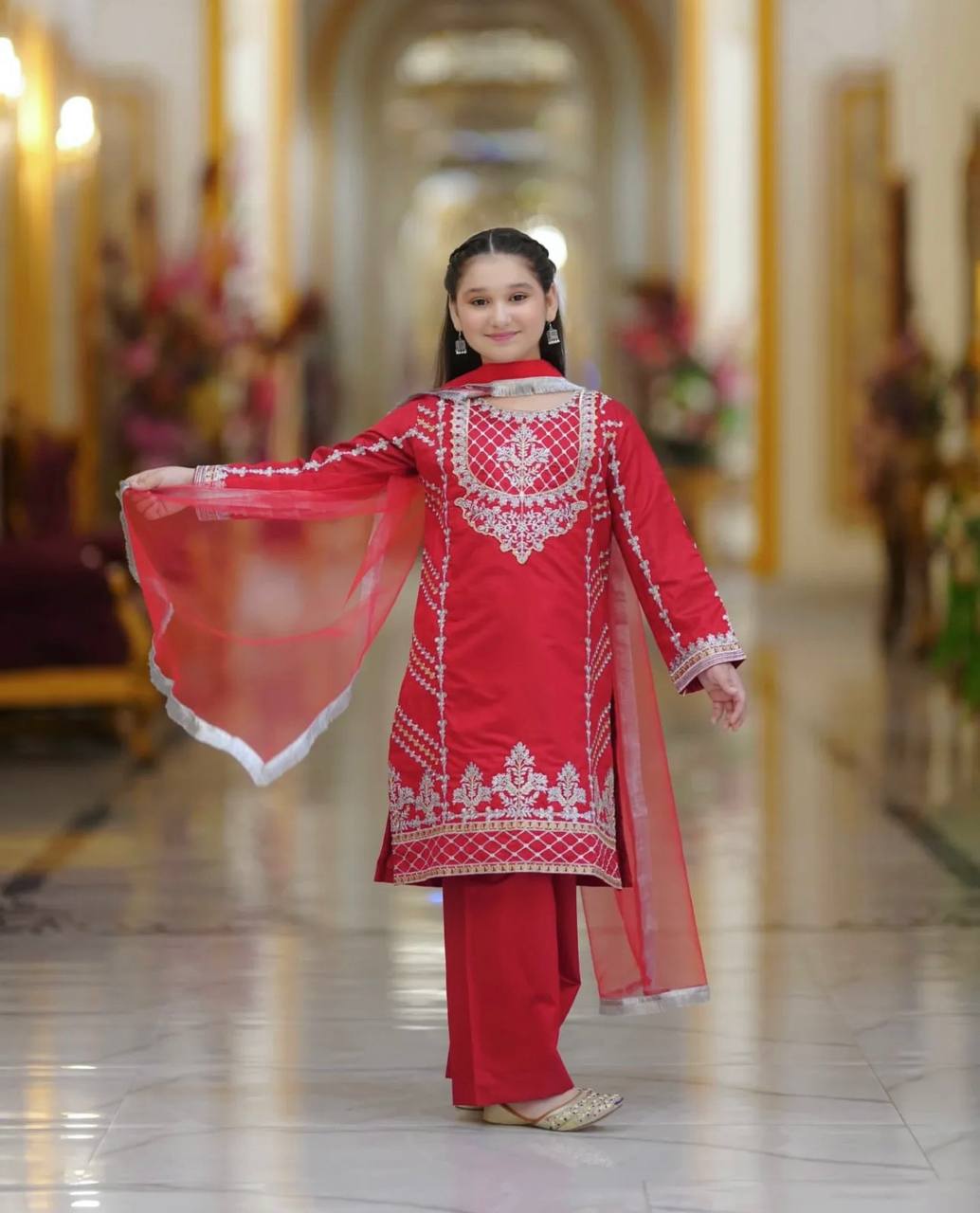 Festive Red Kurti Palazzo Suit for Girls with Intricate Embroidery