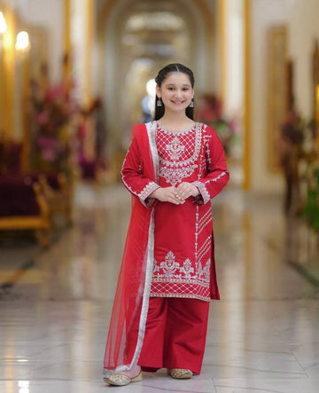 Festive Red Kurti Palazzo Suit for Girls with Intricate Embroidery