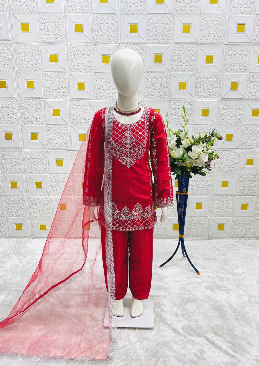 Festive Red Kurti Palazzo Suit for Girls with Intricate Embroidery