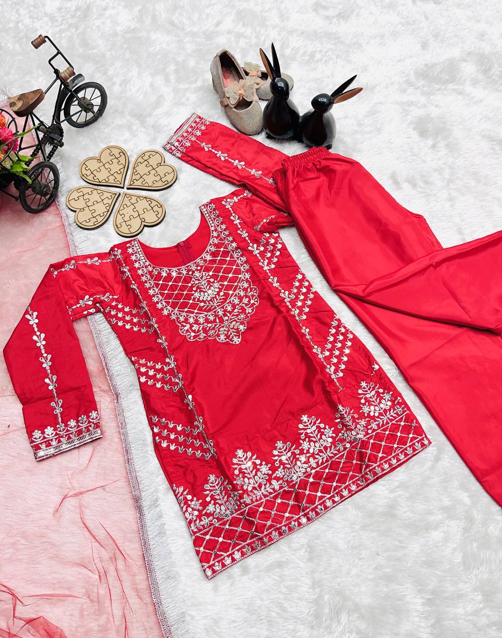 Festive Red Kurti Palazzo Suit for Girls with Intricate Embroidery