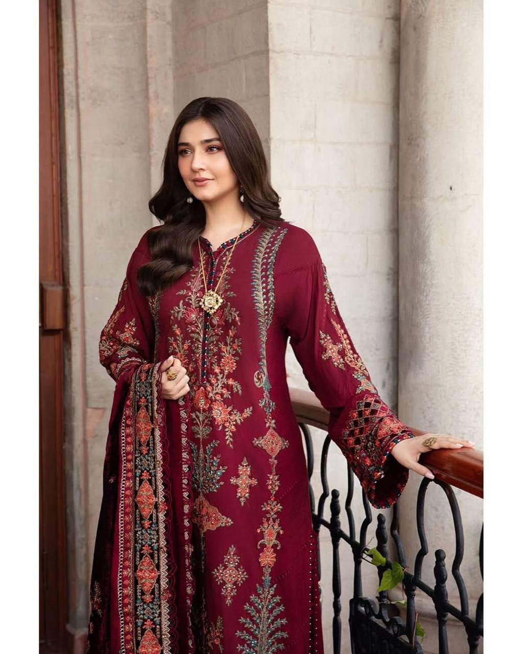 Elegant Maroon Embroidered Cotton Suit with Dupatta – Festive & Casual Wear