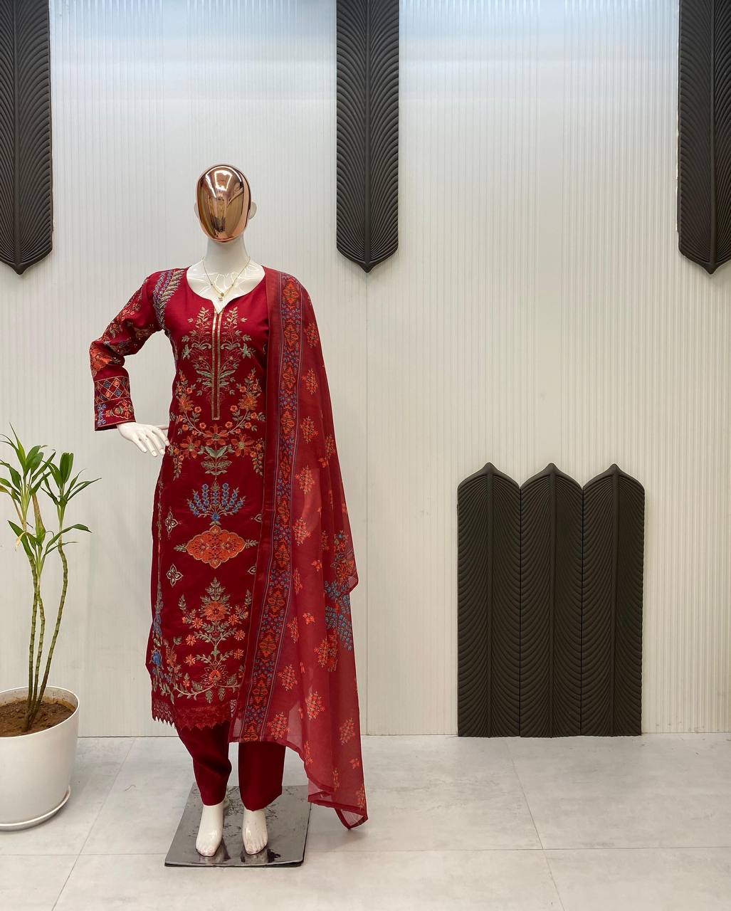 Elegant Maroon Embroidered Cotton Suit with Dupatta – Festive & Casual Wear