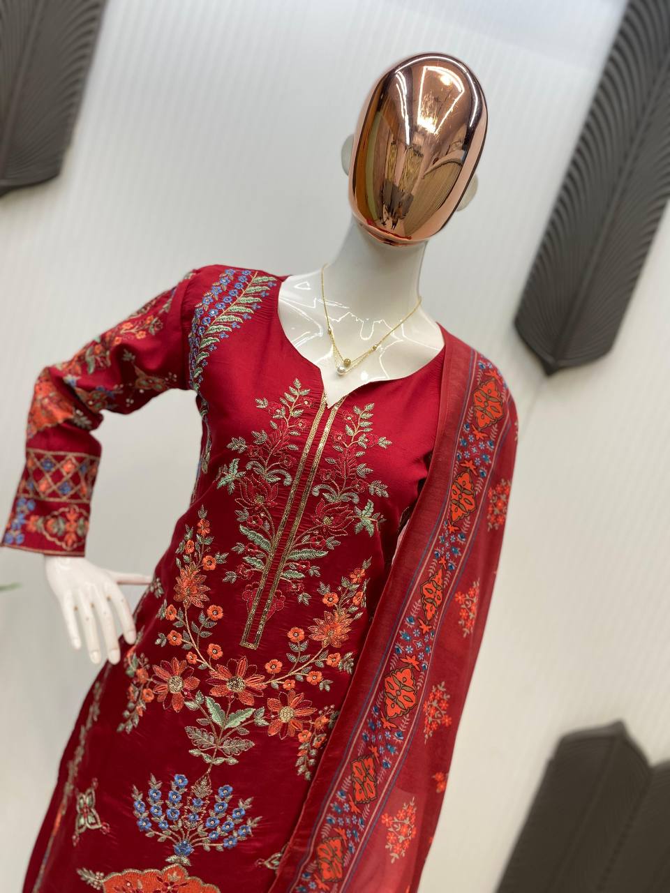 Elegant Maroon Embroidered Cotton Suit with Dupatta – Festive & Casual Wear