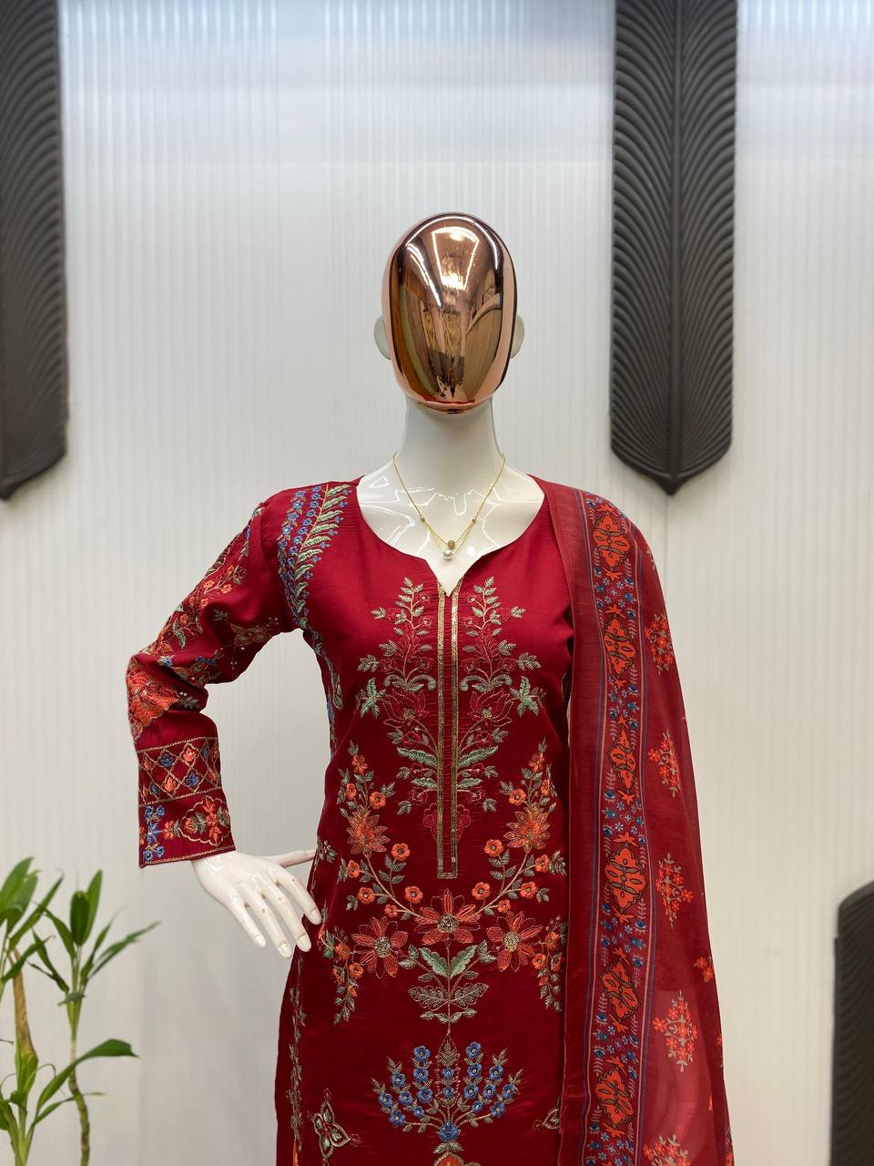 Elegant Maroon Embroidered Cotton Suit with Dupatta – Festive & Casual Wear