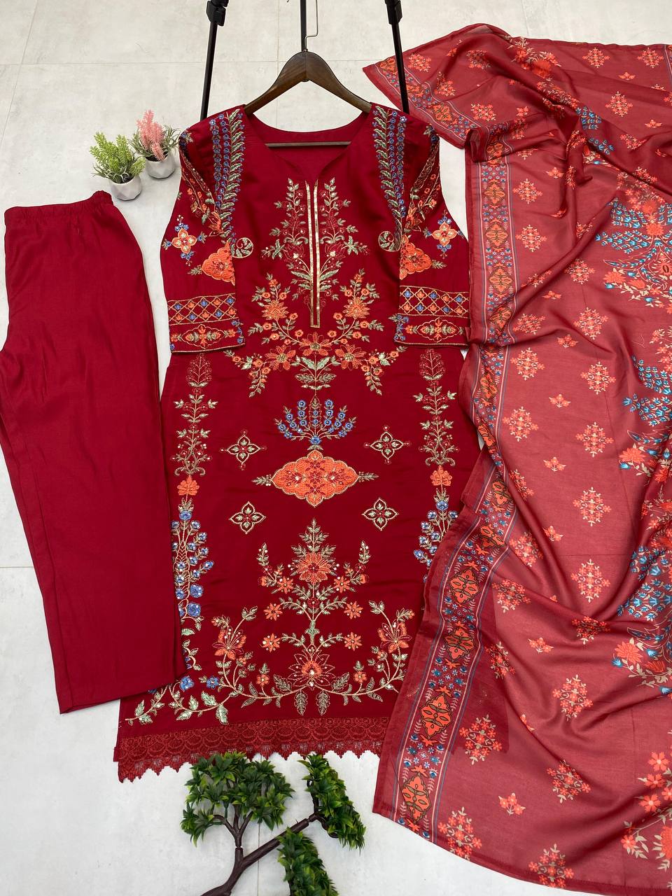 Elegant Maroon Embroidered Cotton Suit with Dupatta – Festive & Casual Wear