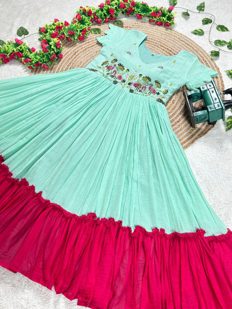 Festive Wear Sky Embroidered Gown with Contrast Flair