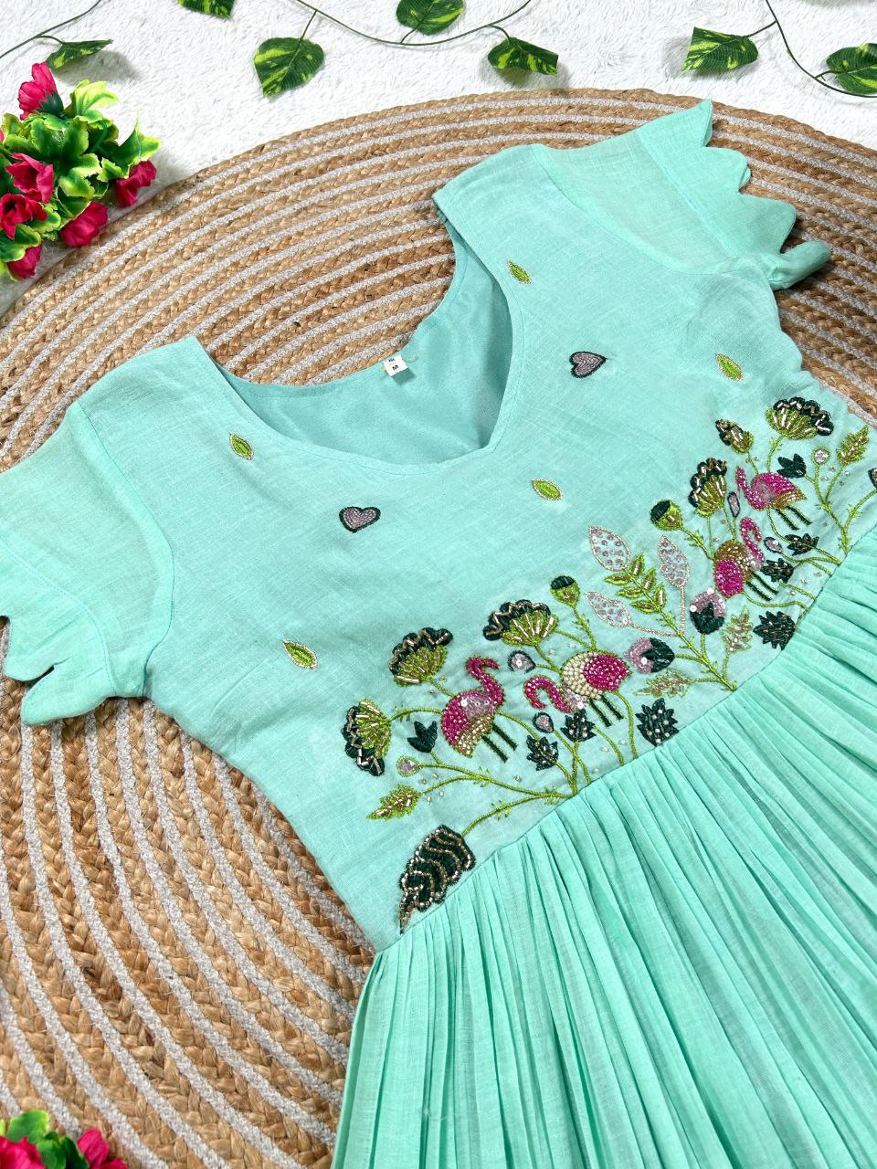 Festive Wear Sky Embroidered Gown with Contrast Flair