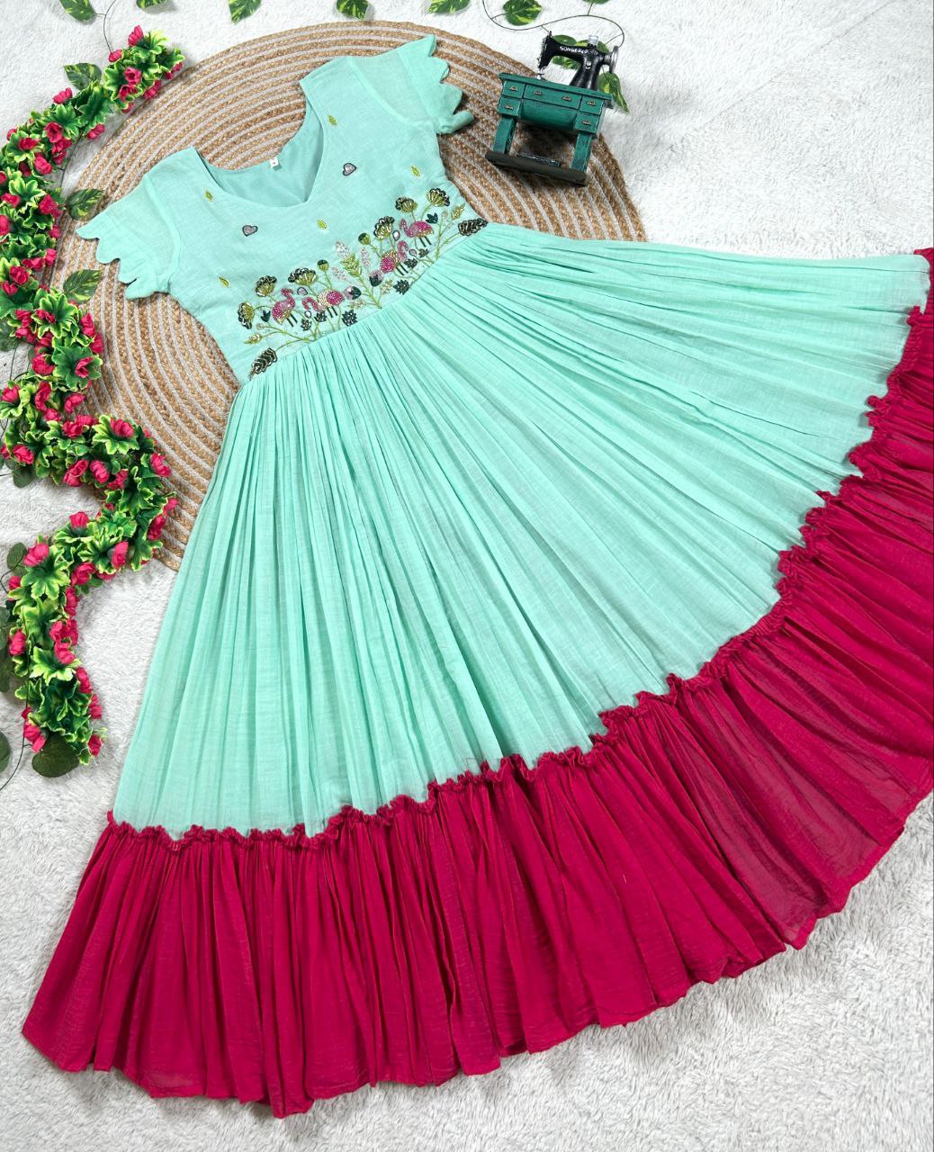 Festive Wear Sky Embroidered Gown with Contrast Flair