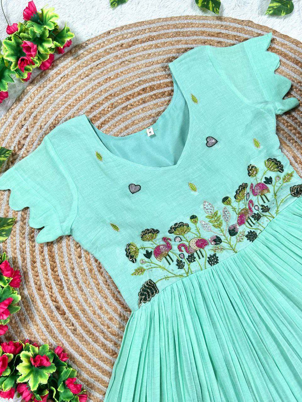 Festive Wear Sky Embroidered Gown with Contrast Flair