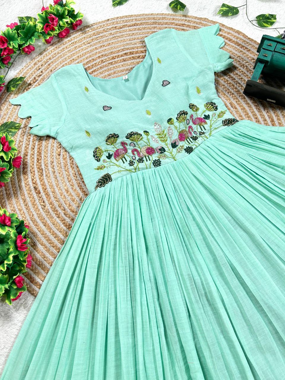 Festive Wear Sky Embroidered Gown with Contrast Flair