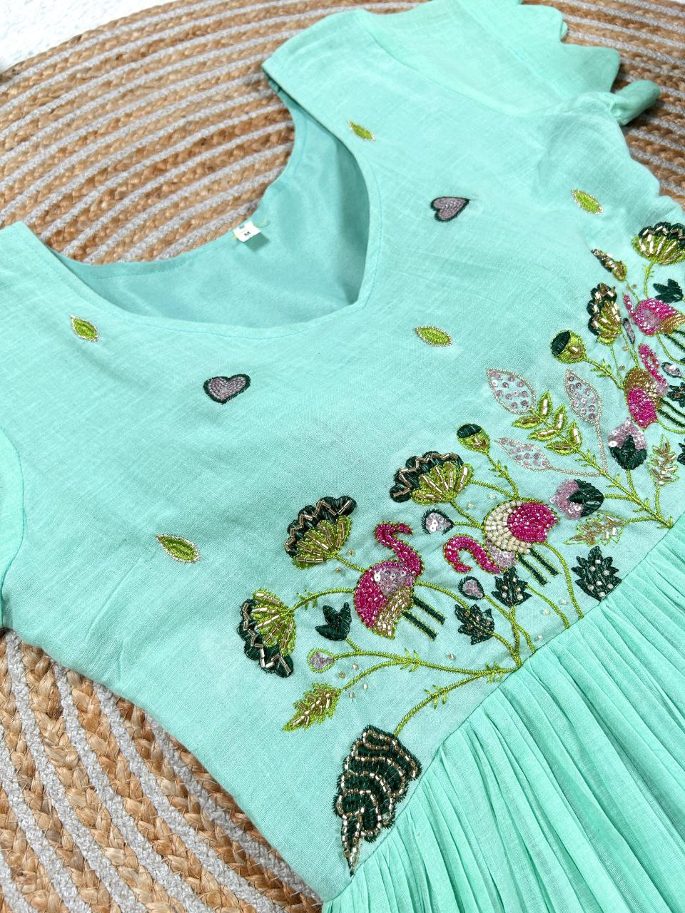 Festive Wear Sky Embroidered Gown with Contrast Flair