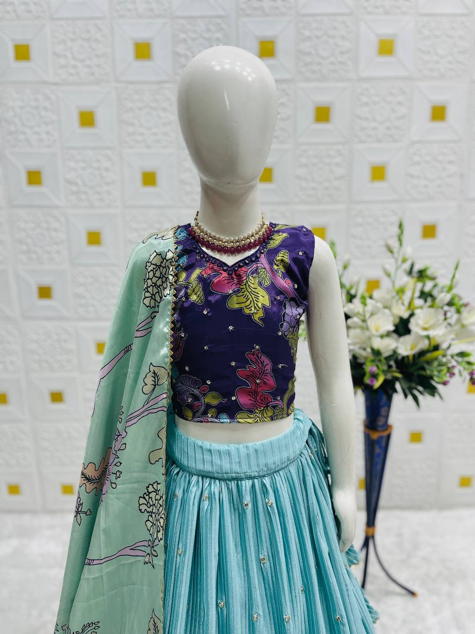 Girls Designer Floral Lehenga Choli with Mint Dupatta