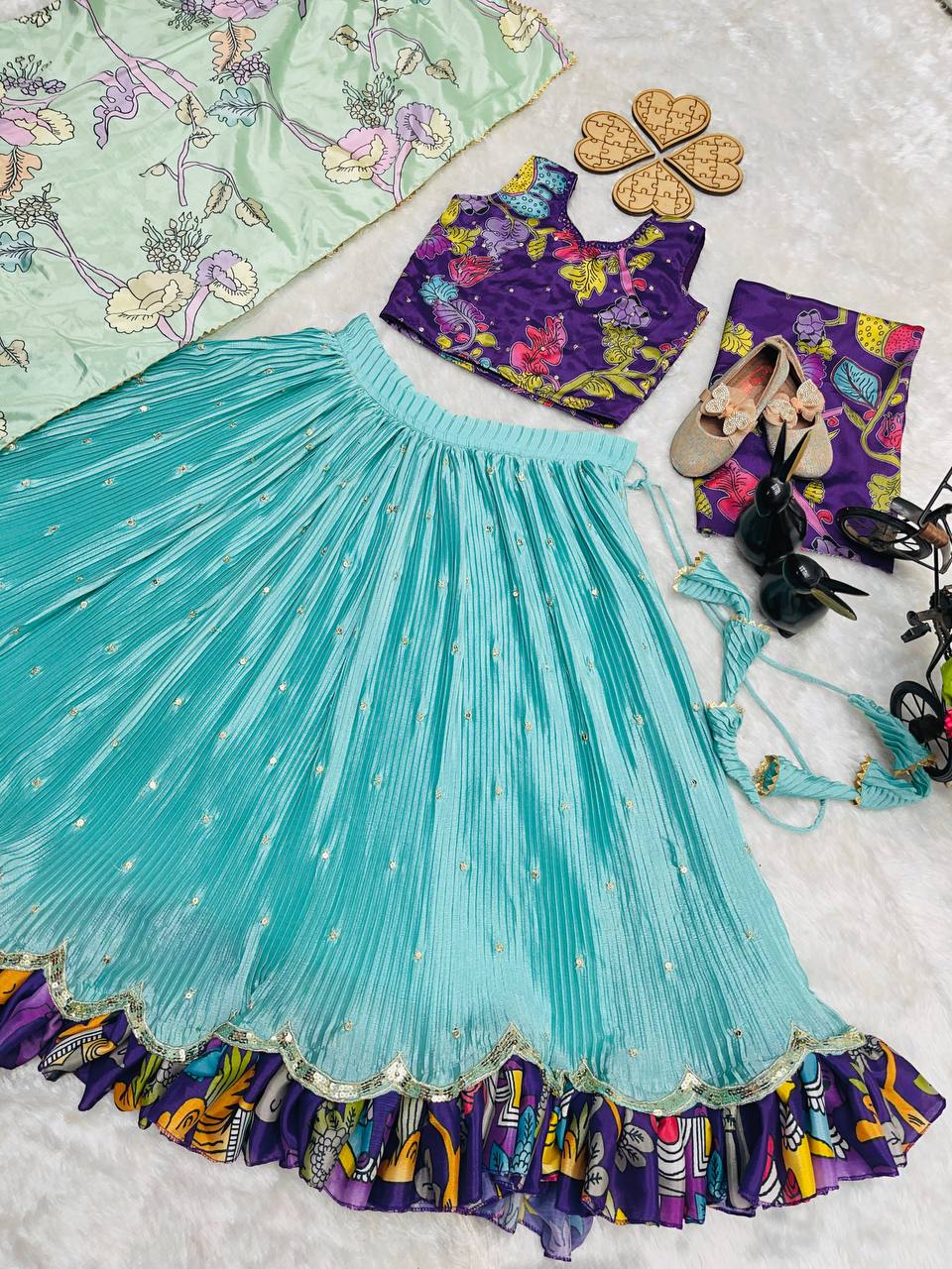 Girls Designer Floral Lehenga Choli with Mint Dupatta