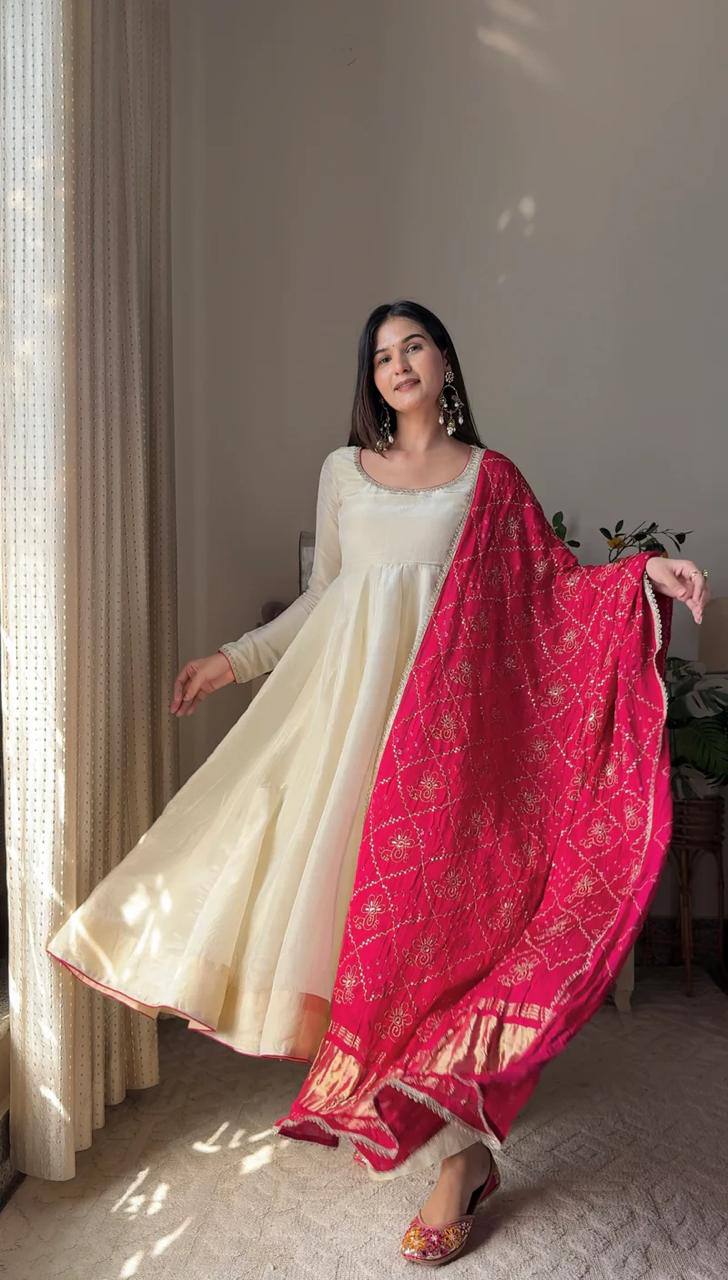 Ivory Silk Anarkali Kurta Set with Bandhani Dupatta