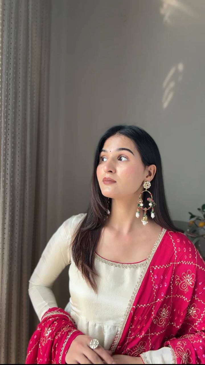 Ivory Silk Anarkali Kurta Set with Bandhani Dupatta