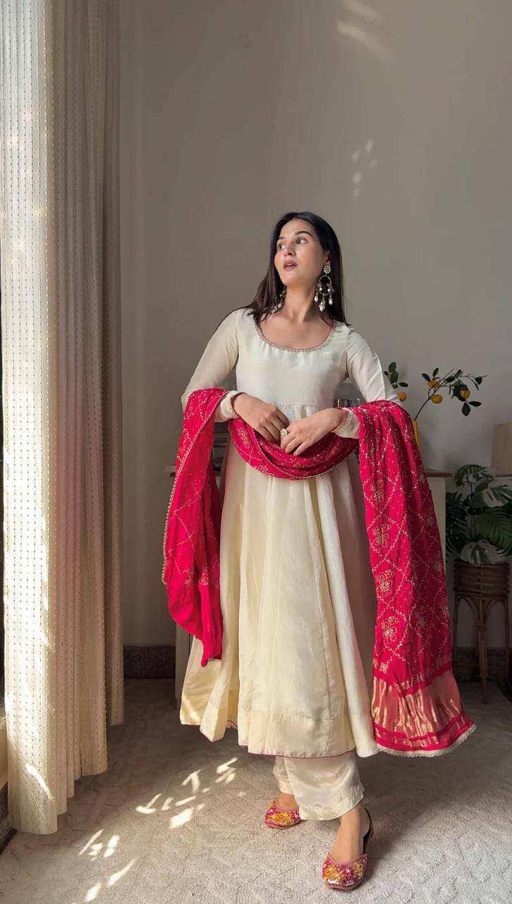 Ivory Silk Anarkali Kurta Set with Bandhani Dupatta